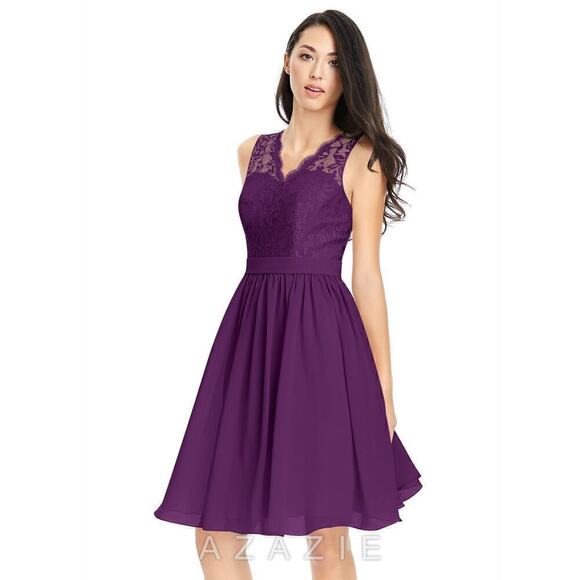 Azazie Purple Chiffon Dress NWT$139 Sz 6 34-27-37 Bridesmaid Formal Knee Length - Picture 2 of 6